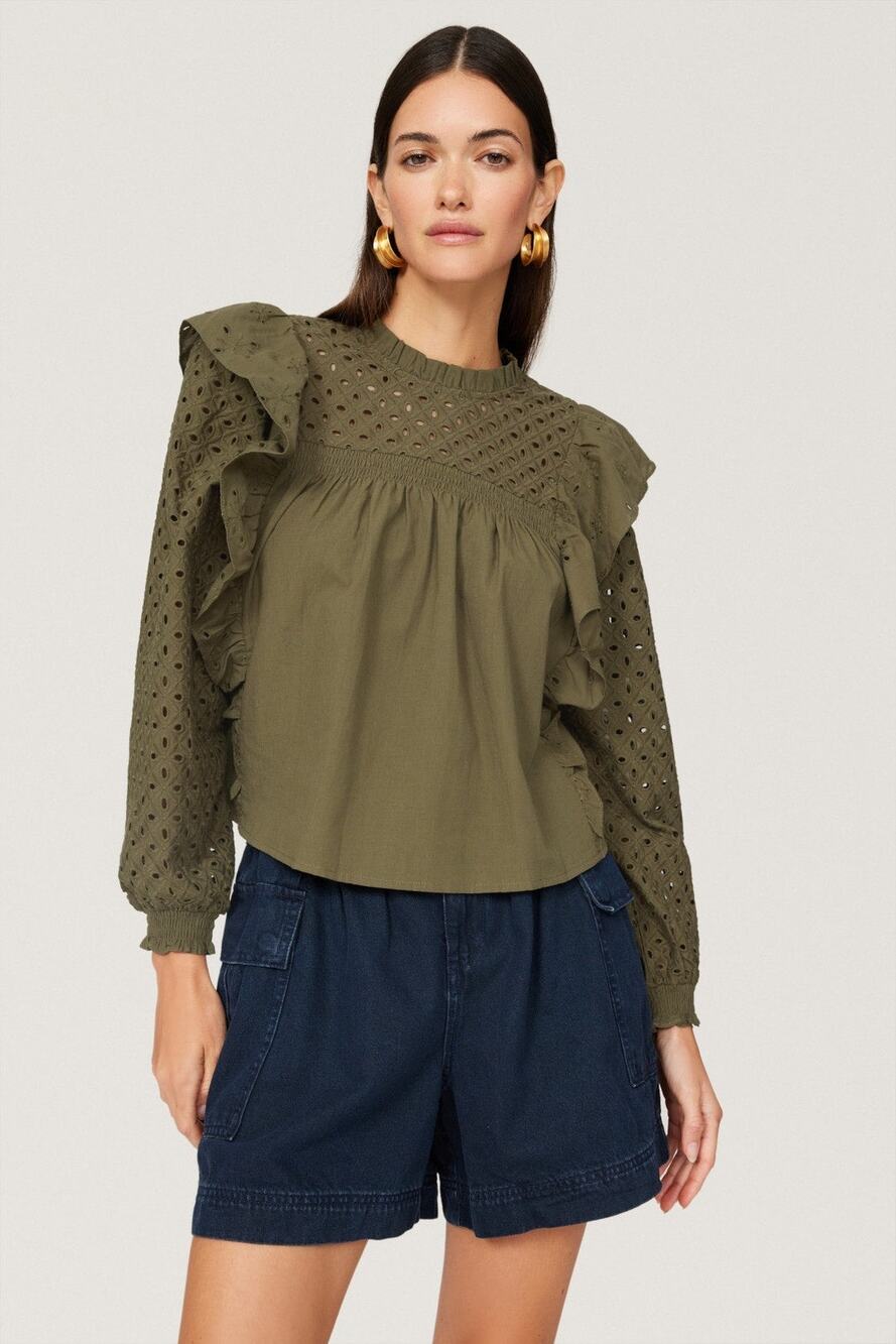 Maje Linode Olive Green Ruffled Eyelet Long Sleeve Top Size Small